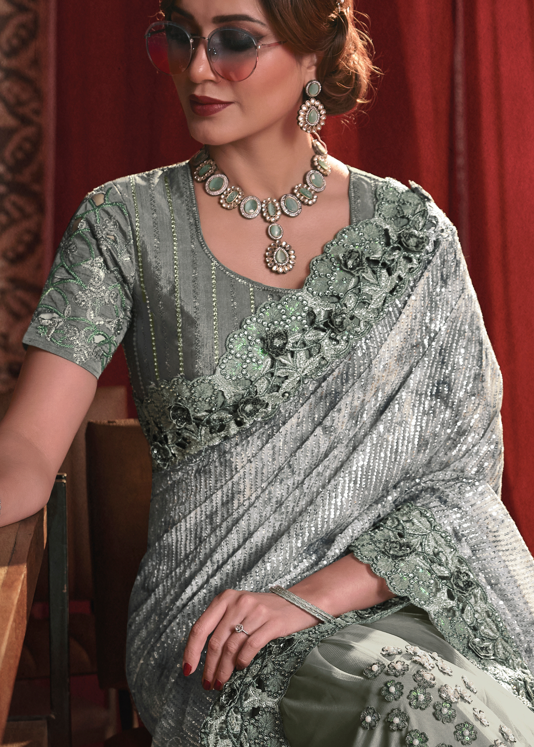 Tea Green Digital Net Saree with Thread, Sequence,Zarkan,Moti and Flower Applique work