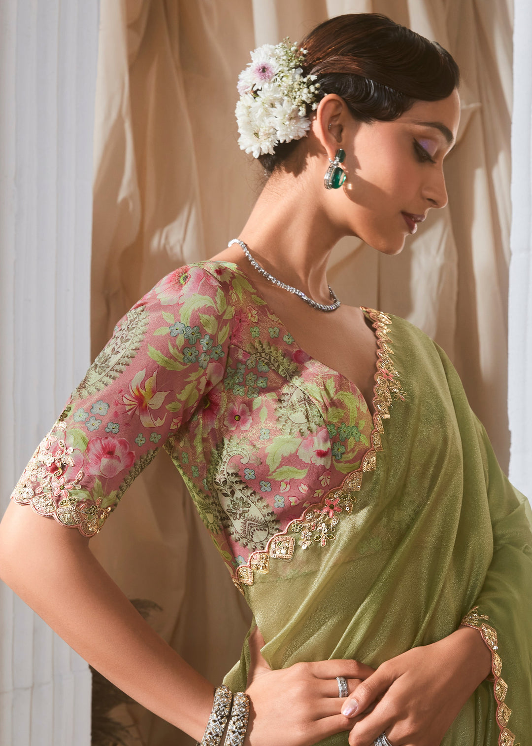 Apple Green Fancy Silk Saree With Printed Blouse