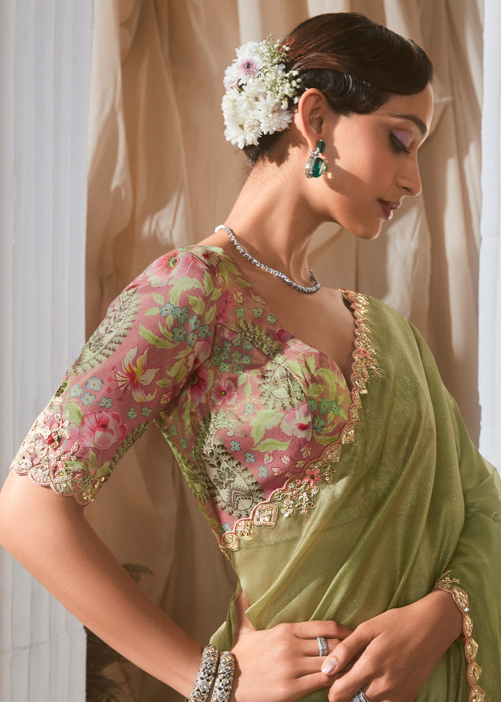 Apple Green Fancy Silk Saree With Printed Blouse