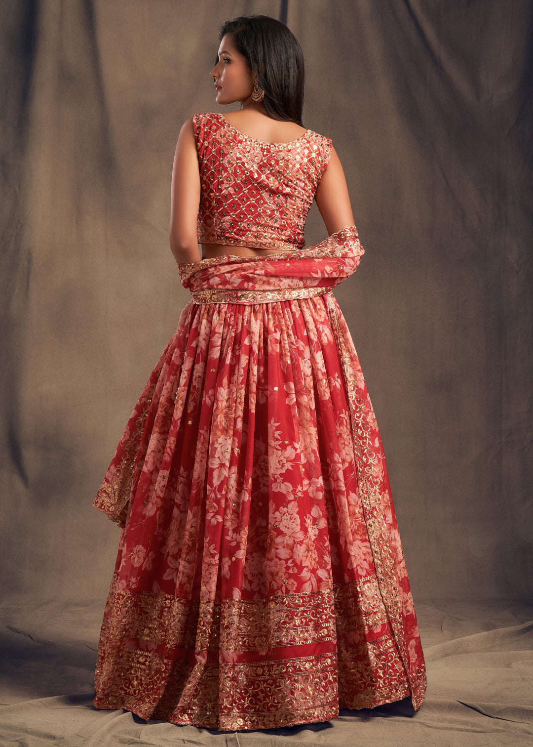Red Organza Lehenga Sequins Zari Embroidery Work