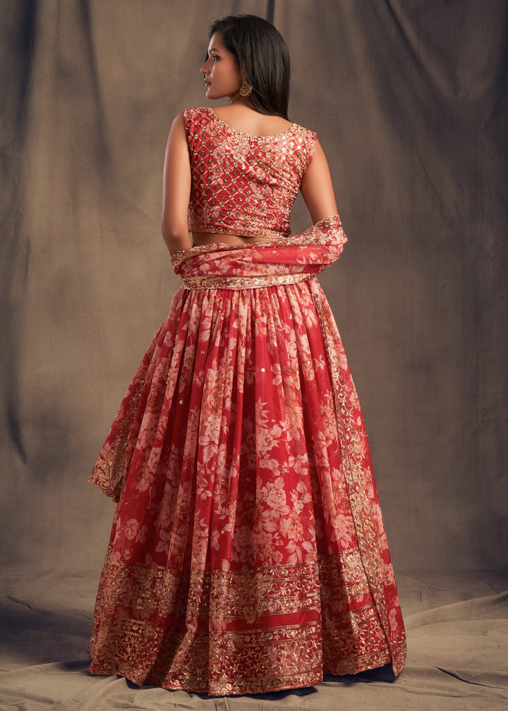 Red Organza Lehenga Sequins Zari Embroidery Work