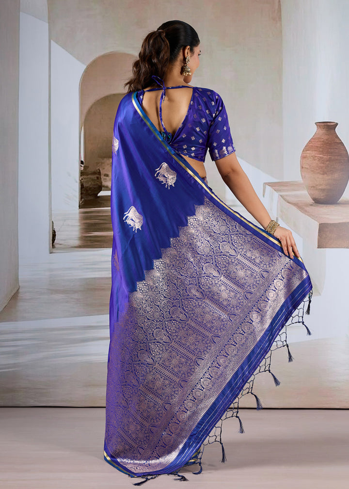 Blue Pure Satin Handloom Weaving Saree