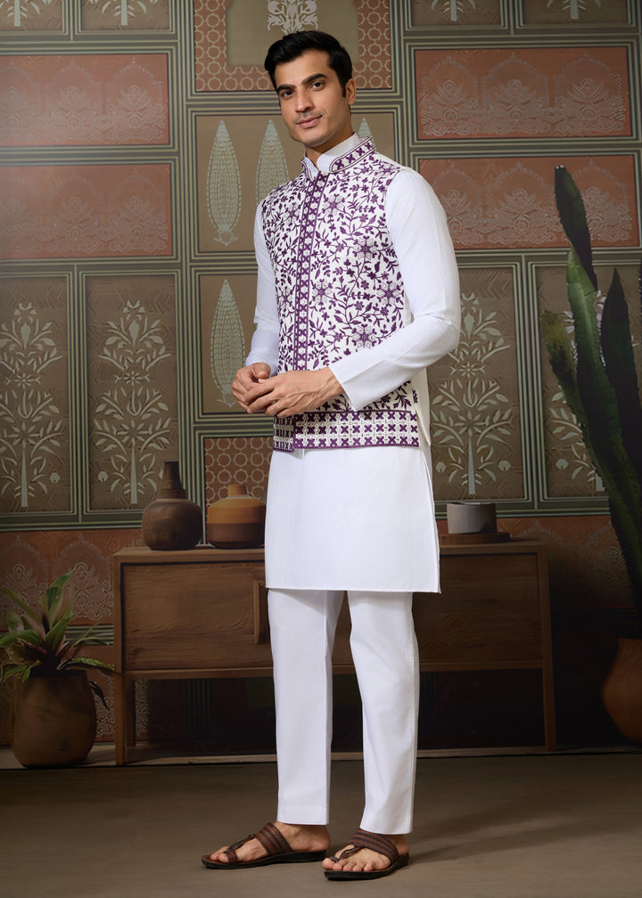 White Kurta And Pant With A Deep Plum And White Embroidered Nehru Jacket