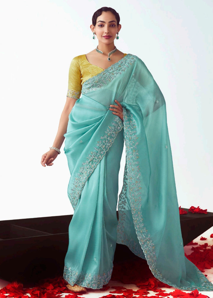 Sky Blue Fancy Fabric Silk Saree With Hand Embroidered Work And Cut Work Border