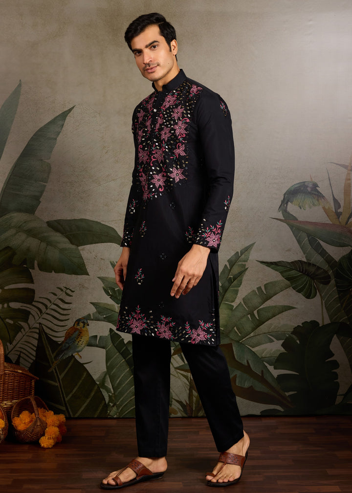 Deep Black Mens Wear Silk Kurta with Pant