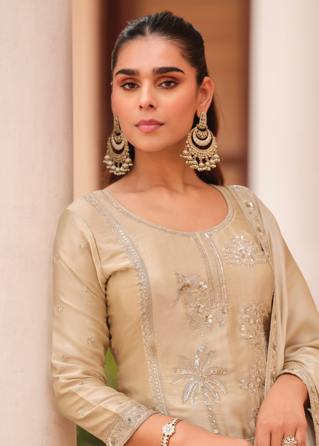 Champagne Beige Silk Satin Sharara Suit