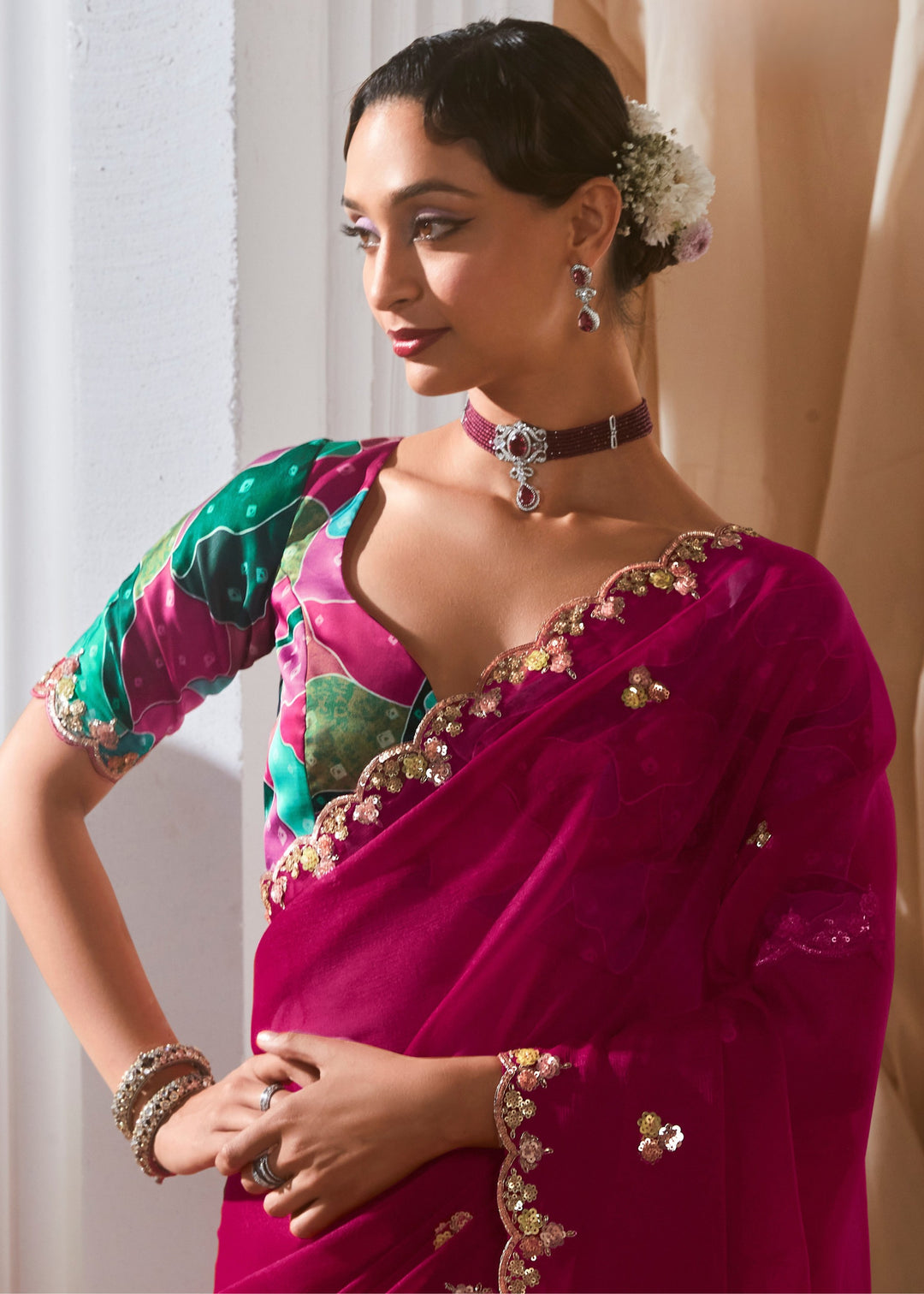 Ruby Pink Fancy Silk Saree With Printed Blouse