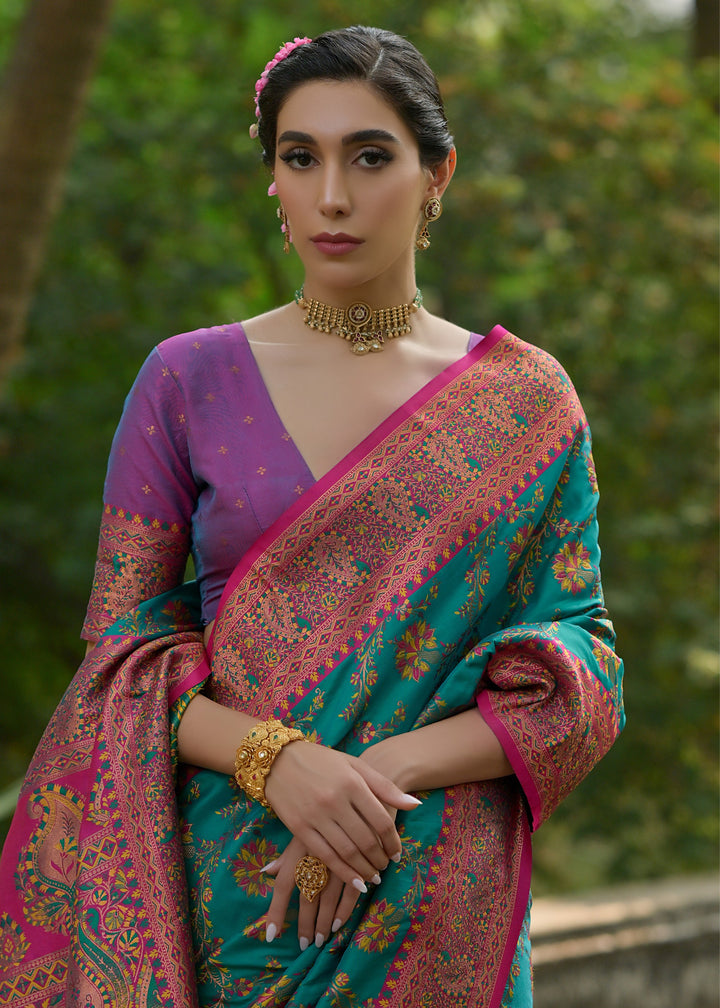 Pine Green Thread Woven Pashmina Silk Saree With Heavy Thread Woven Pallu