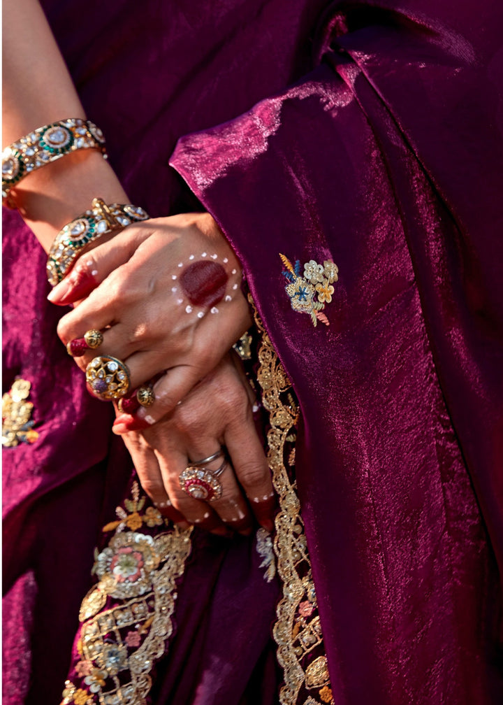 Mustard And Maroon Saree With Embroidery And Handwork Designer Cut Border