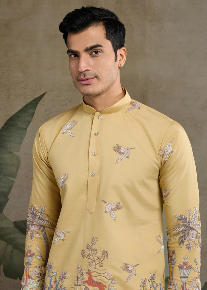 Yellow Viscose Mens Kurta With Unique Embroidery : Top Pick