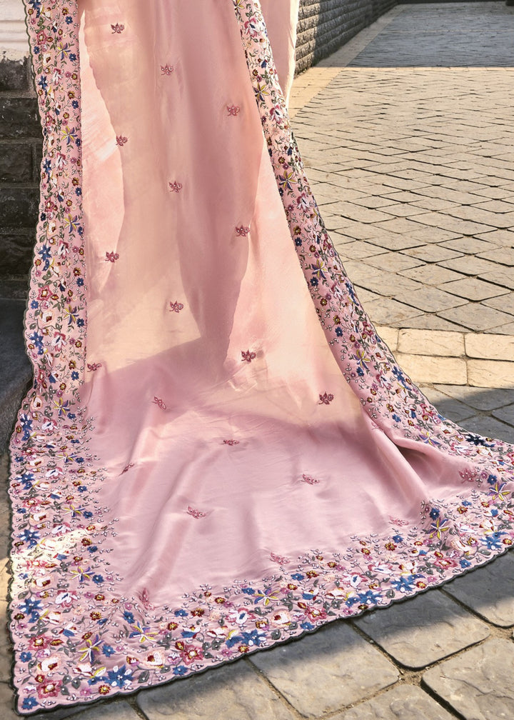 Pink Pure Banarasi Jari Saree With Moti Work
