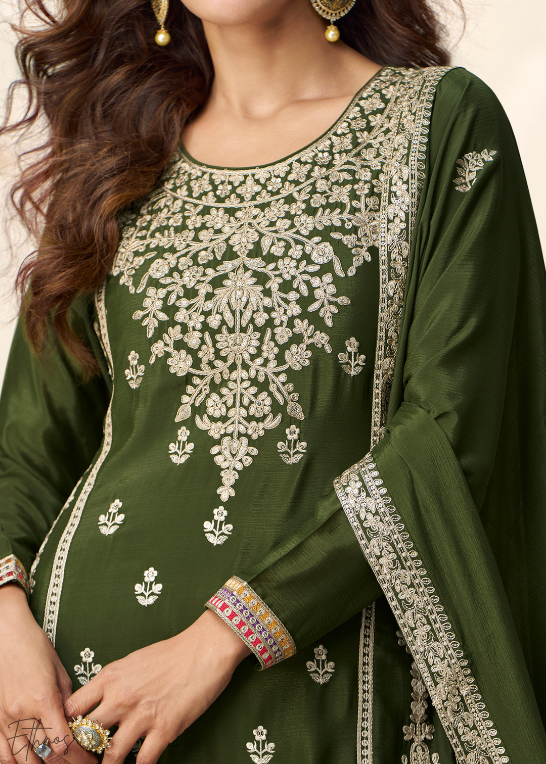 Moss Green Chinnon Silk Palazzo Suit