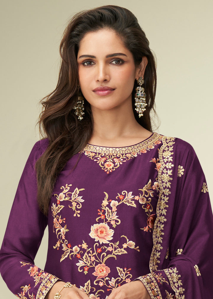Eggplant Purple Chinon SIlk Plazo Suit With Embroidered Work