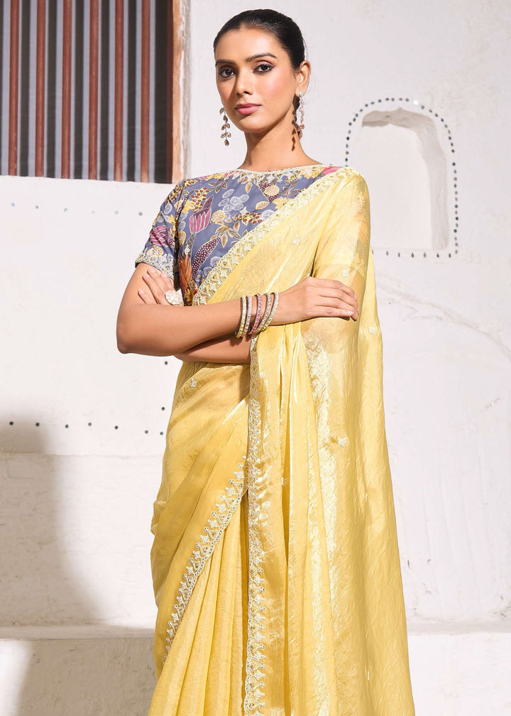 Canary Yellow Gold Crush Tissue Silk Saree : Top Pick