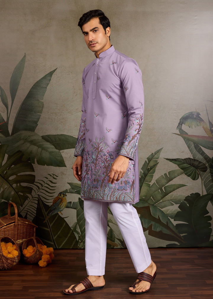 Soft Lavender Mens Silk Kurta with Pant