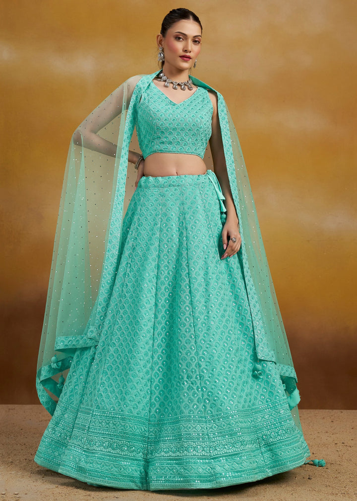Sky Georgette Lehenga With Sequins and Thread Embroidered Work