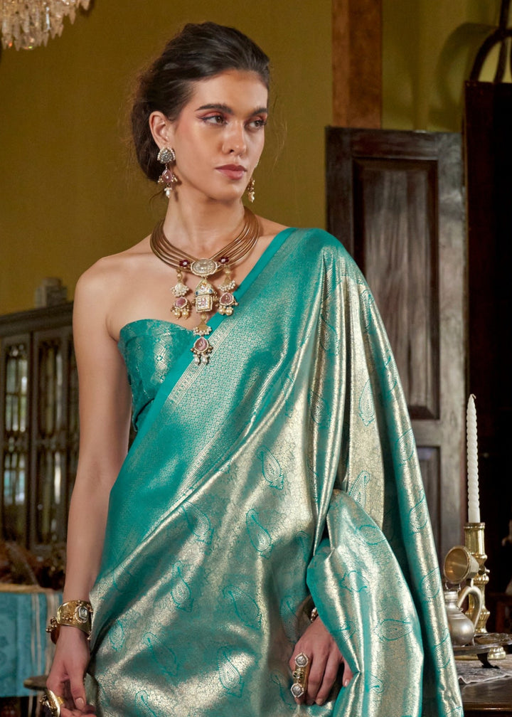 Aqua Green Pure Handloom Dharmavaram Weaving Silk Saree