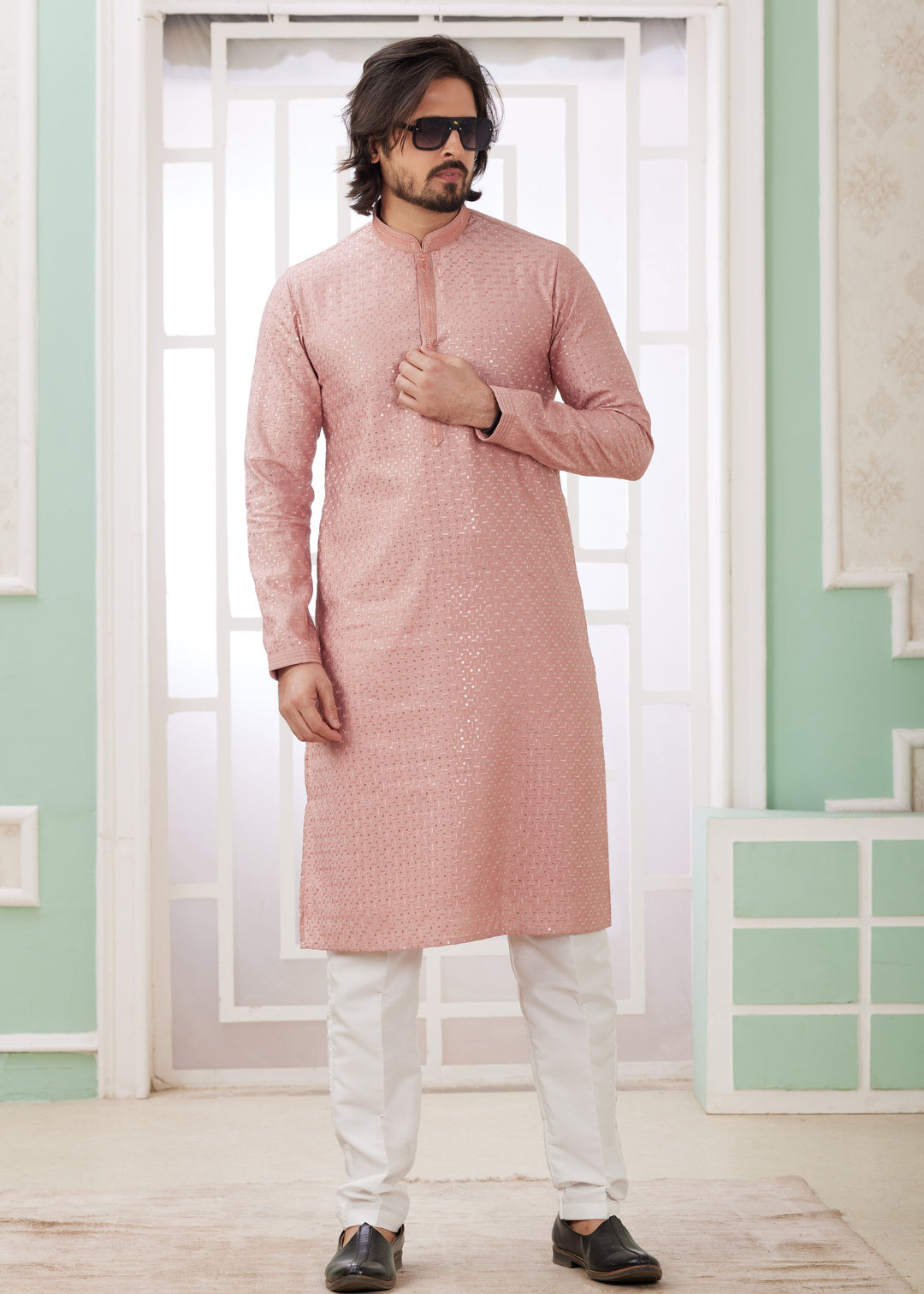 Peach Silk Mens Kurta Set With Thread Embroidery Work
