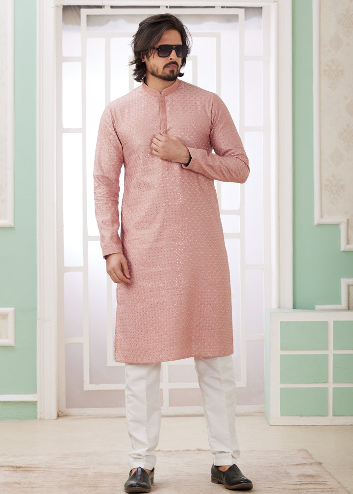 Peach Silk Mens Kurta Set With Thread Embroidery Work