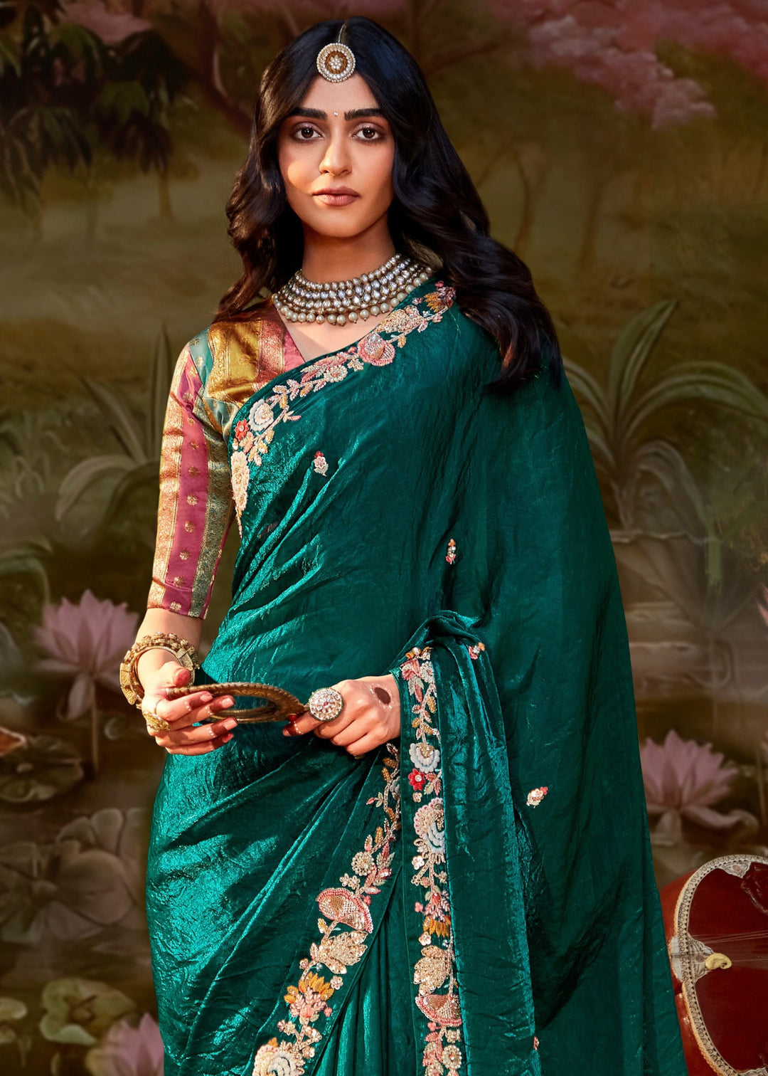 Multi-Shade And Green Saree With Embroidery And Handwork Designer Cut Border