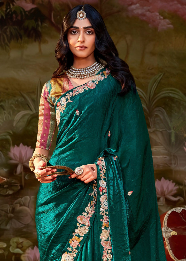 Multi-Shade And Green Saree With Embroidery And Handwork Designer Cut Border