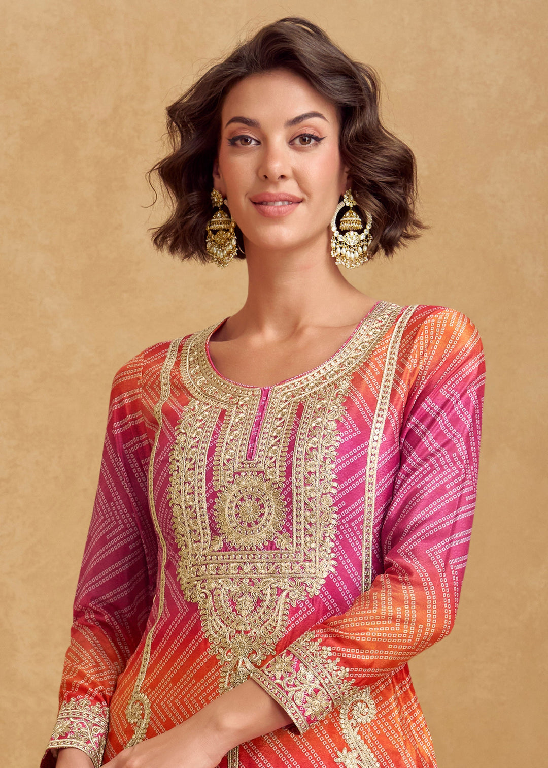 Pink With Orange Accents Silk Salwar Suit : Top Pick