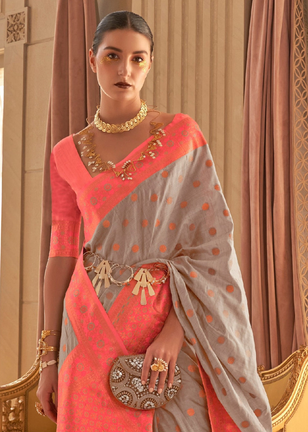 Platinum Grey Bamboo Copper Zari Handloom Weaving Saree