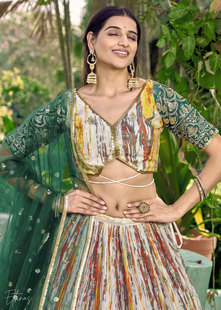 Dark Green Chinon Silk Lehenga Choli