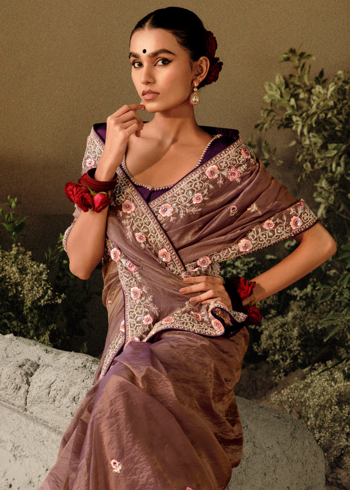 Tortilla Brown Dola Silk Saree with Hand Embroidery work