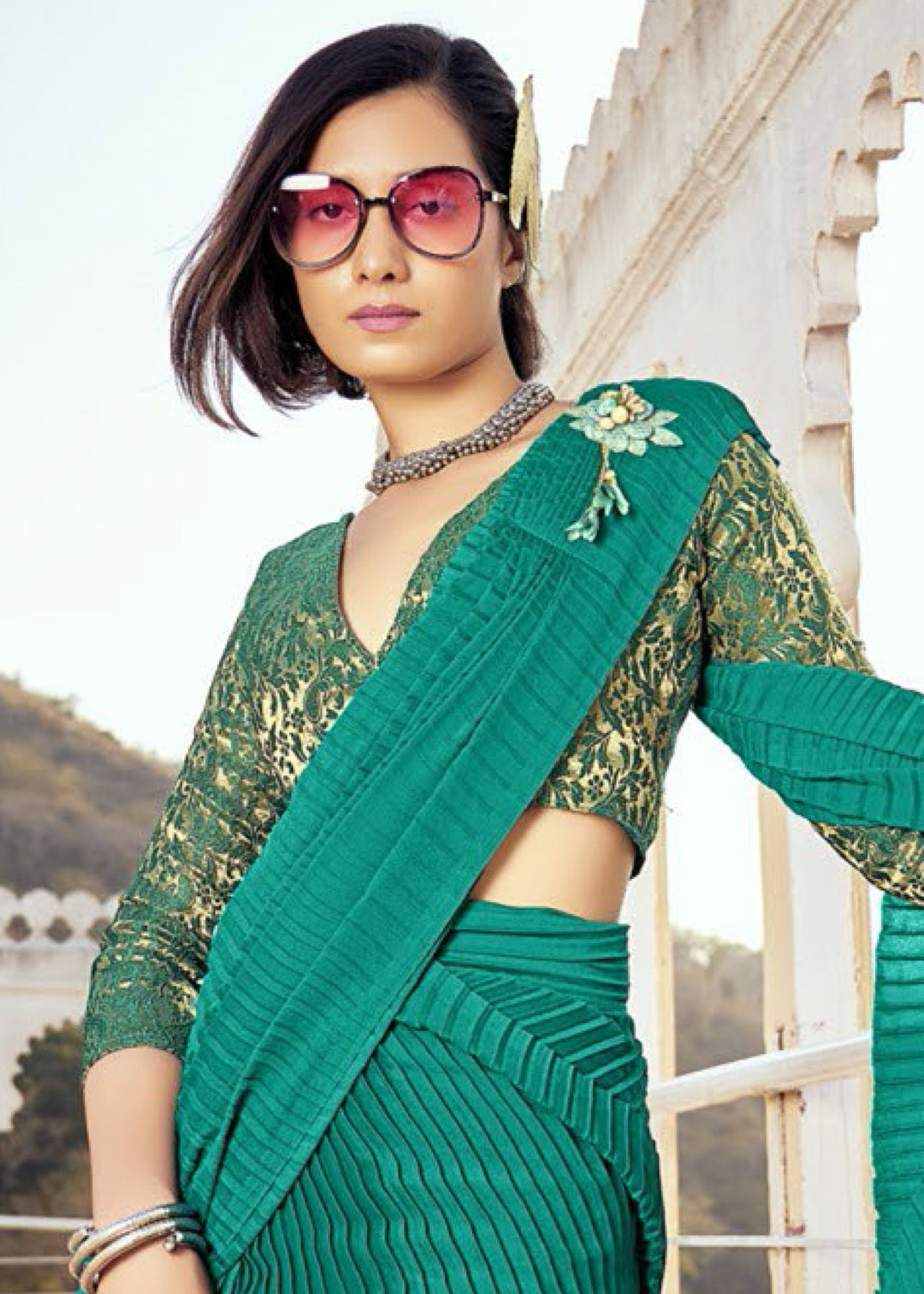 Emerald Green Crush Silk Saree With Beautiful Blouse