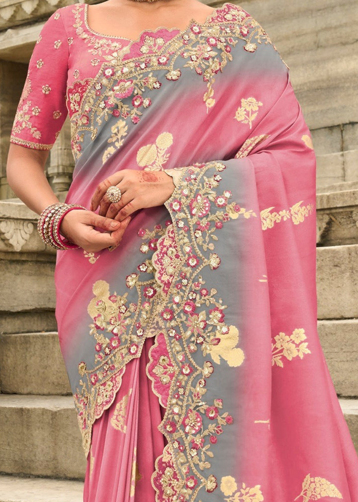 French Pink Silk Saree With Embroidery Cut and Butti Work