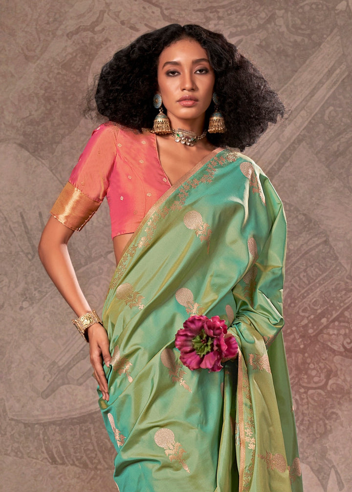 Persian Green Two Tone Handloom Weaving Silk Saree with Contrast Pallu