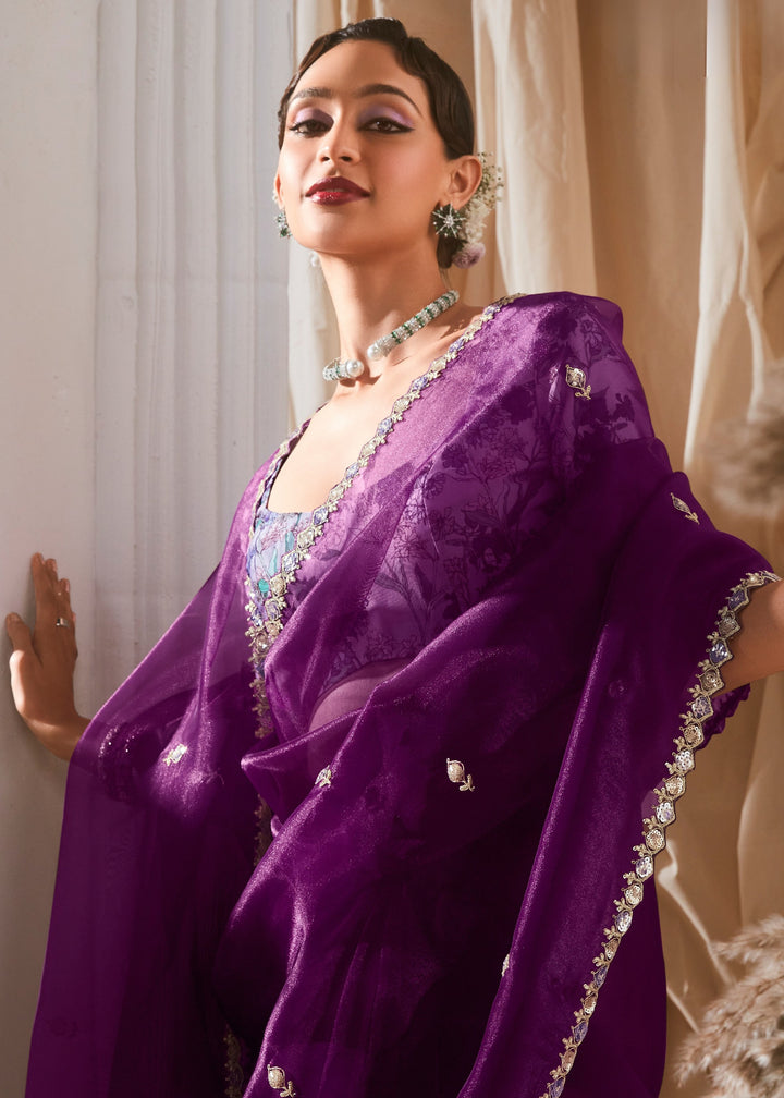 Grape Purple Fancy Silk Saree With Printed Blouse