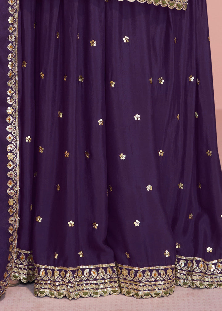Raisin Purple Chinnon Silk Plazo Suit With Thread Embroidered Work