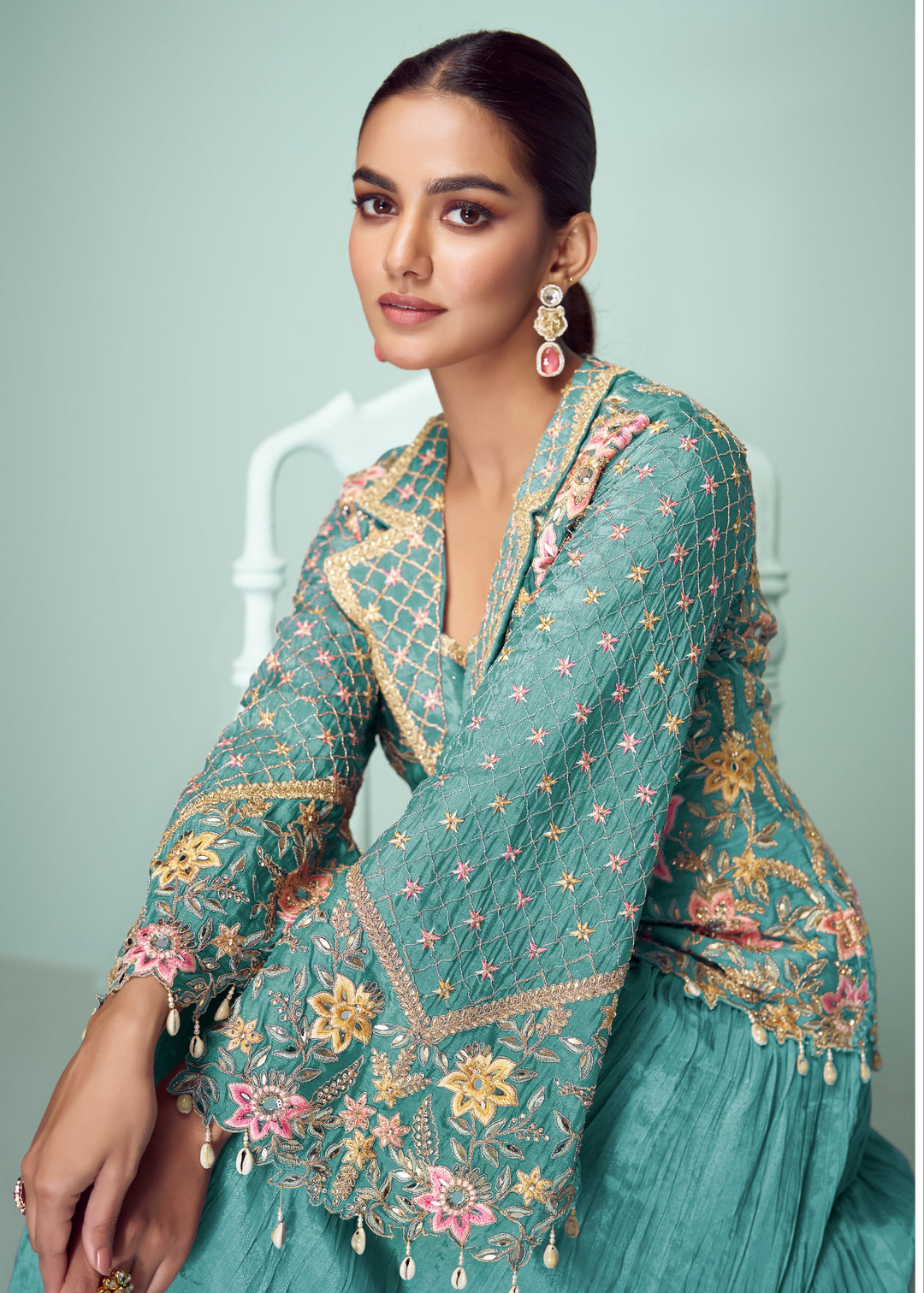 Turquoise Chinon Top with Skirt