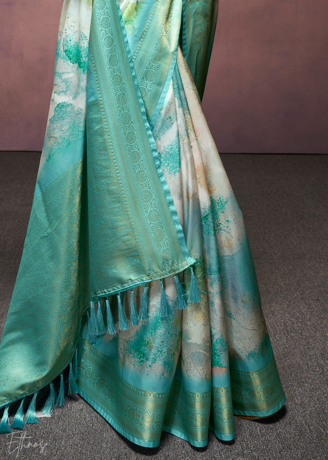 Aqua Blue Handloom Weaving Silk Saree