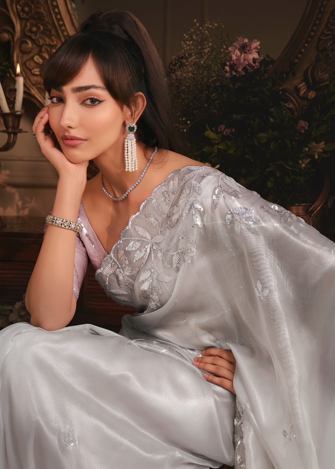 Soft Grey Tissue Organza Saree With Heavy Embroidery