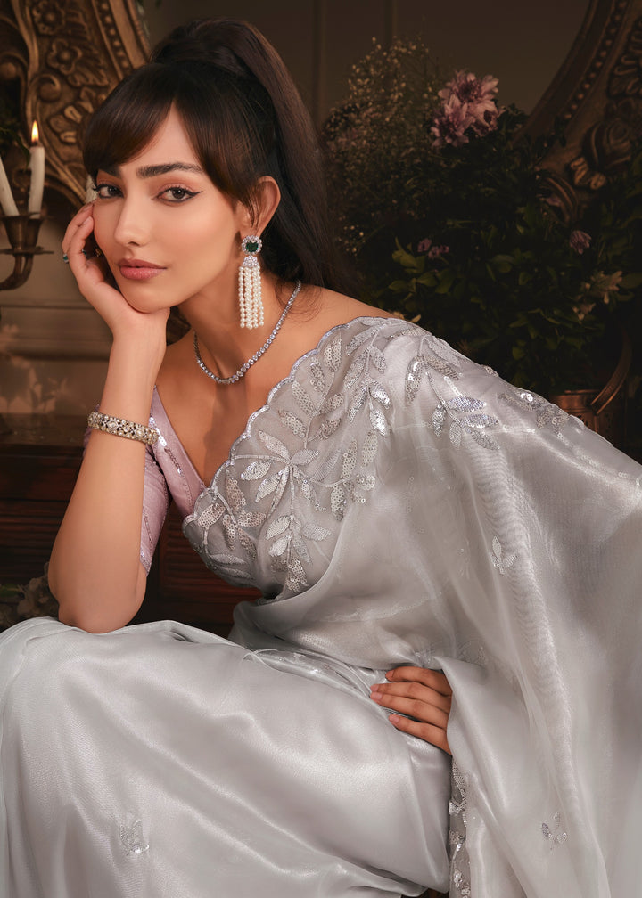 Soft Grey Tissue Organza Saree With Heavy Embroidery