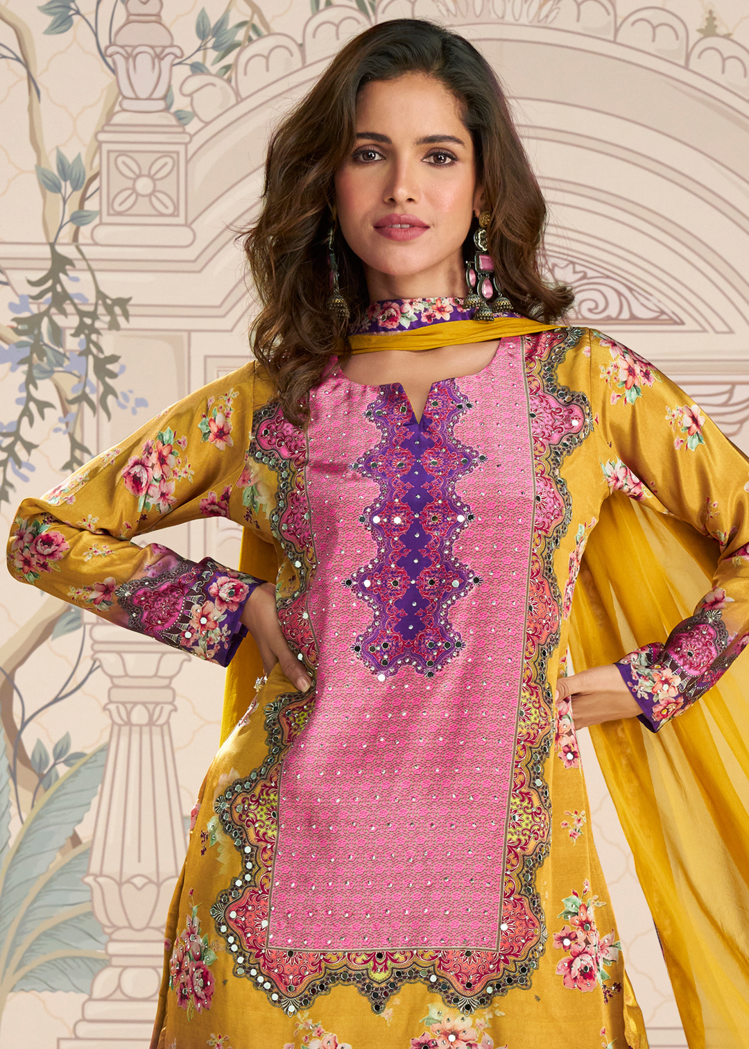 Mustard Yellow Crep Silk Sharara Suit