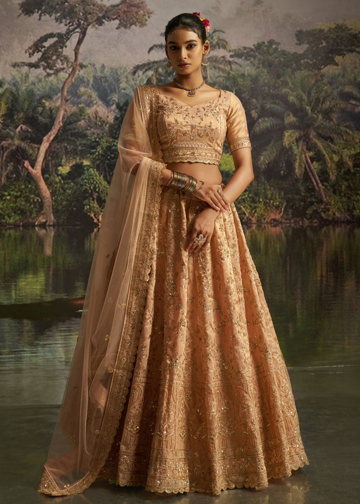Peachy Rose Gold Gota Silk Lehenga With Embroidery