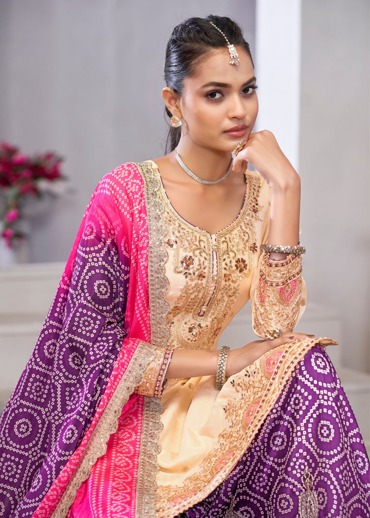 Purple And Pink Chinon SIlk Plazo Suit With Embroidered Work