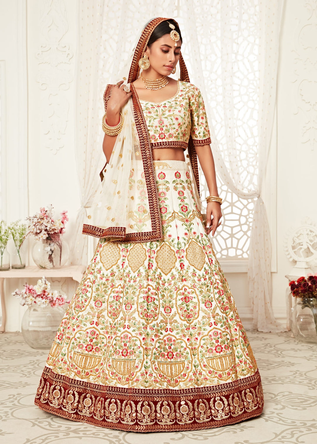 Off-White Art Silk Embroidery Lehenga
