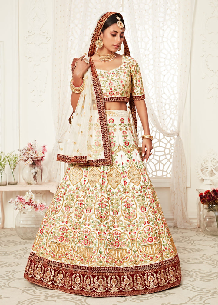 Off-White Art Silk Embroidery Lehenga