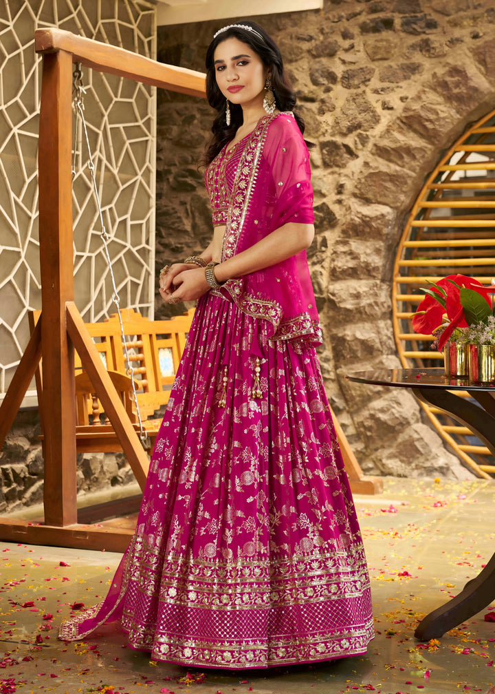 Rani Pink Sequins and Zari Embroidery Work Silk Lehenga