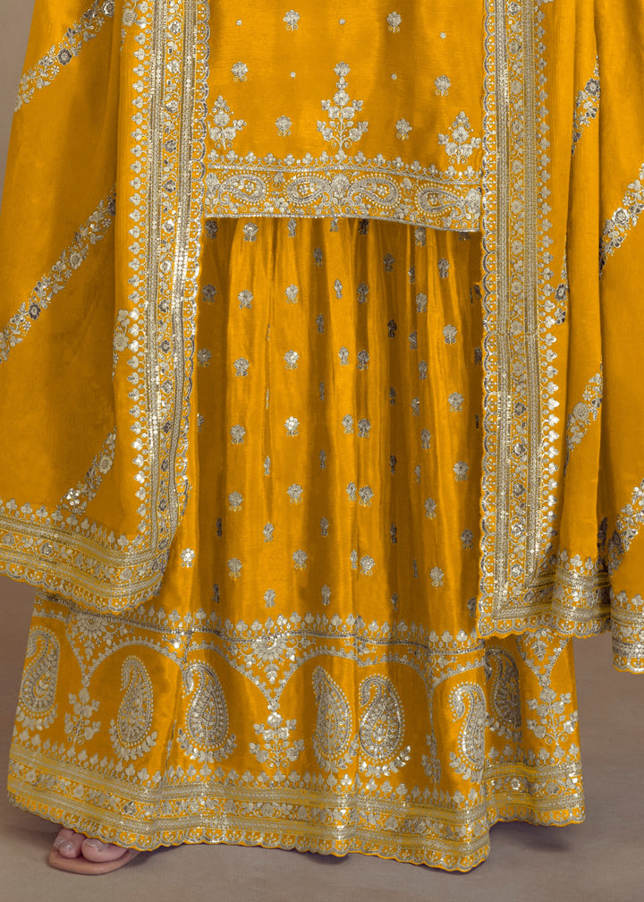 Canary Yellow Embroidered Chinon Silk Plazzo Suit