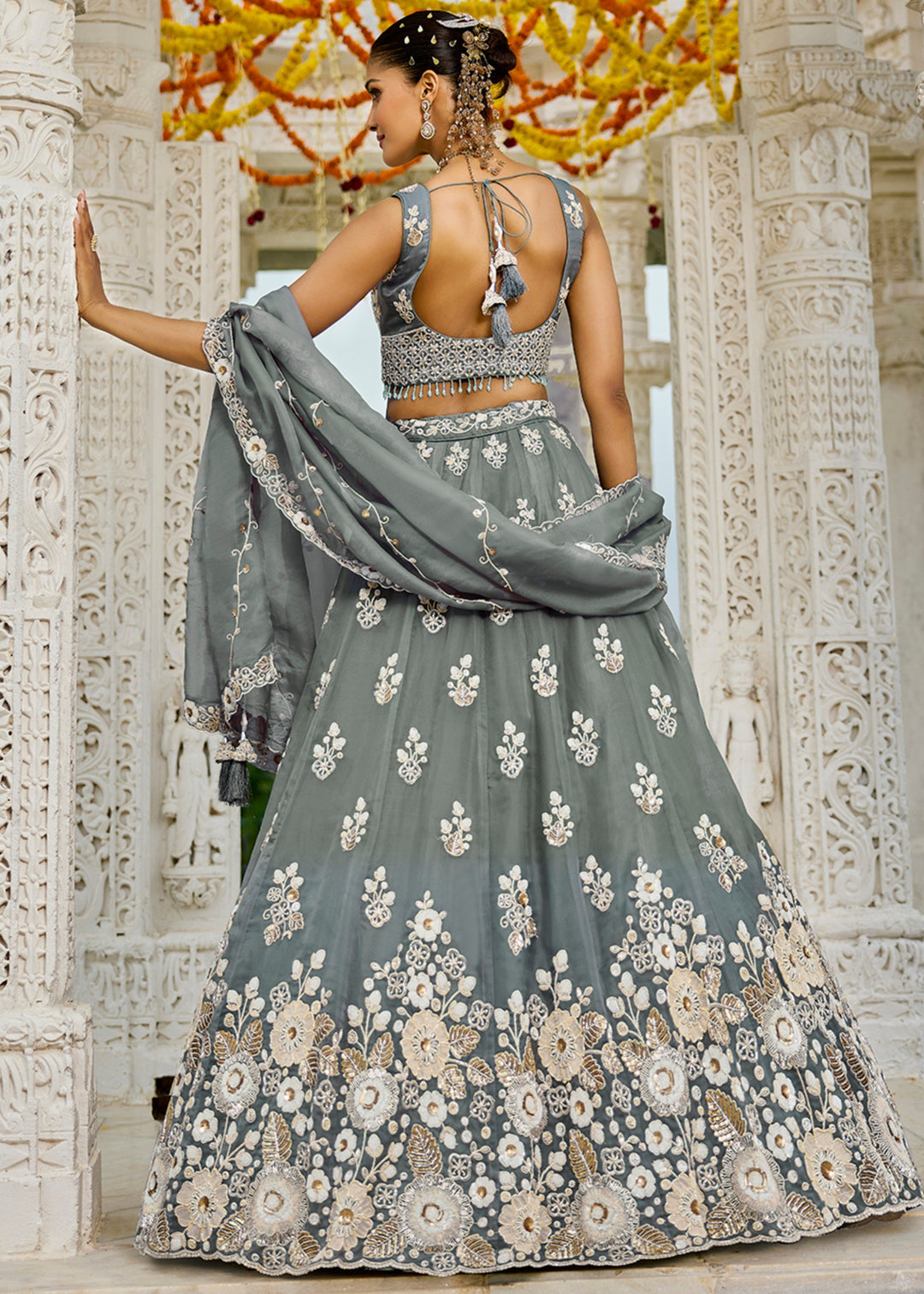 Grey Organza Lehenga Choli with Beads & Sequince Embroidered