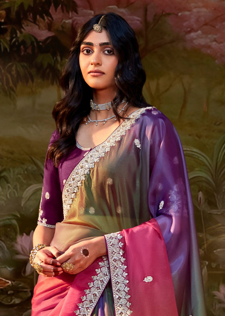 Purple And Multi-Shade Saree With Embroidery And Handwork Designer Cut Border
