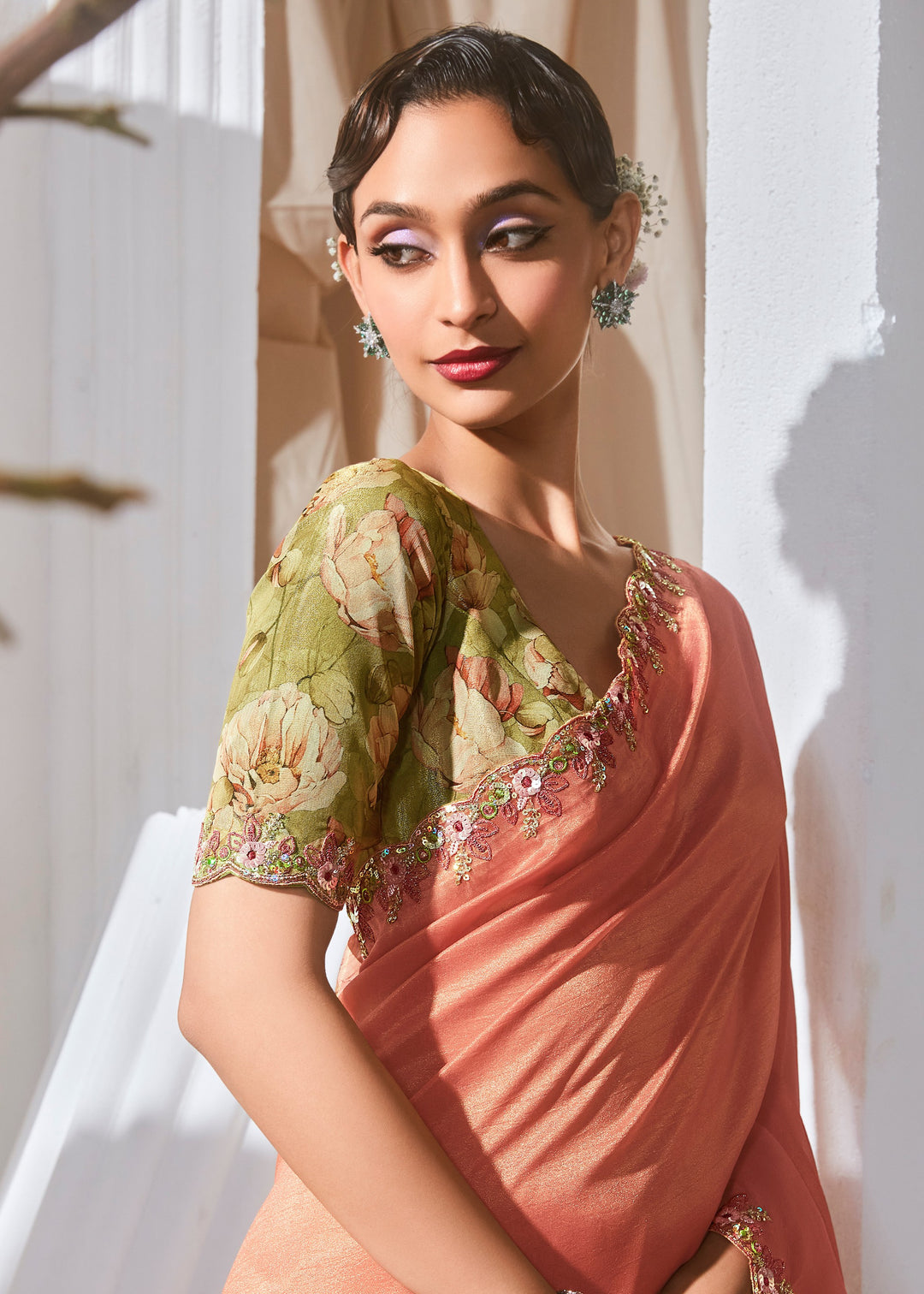 Salmon Orange Fancy Silk Saree With Printed Blouse