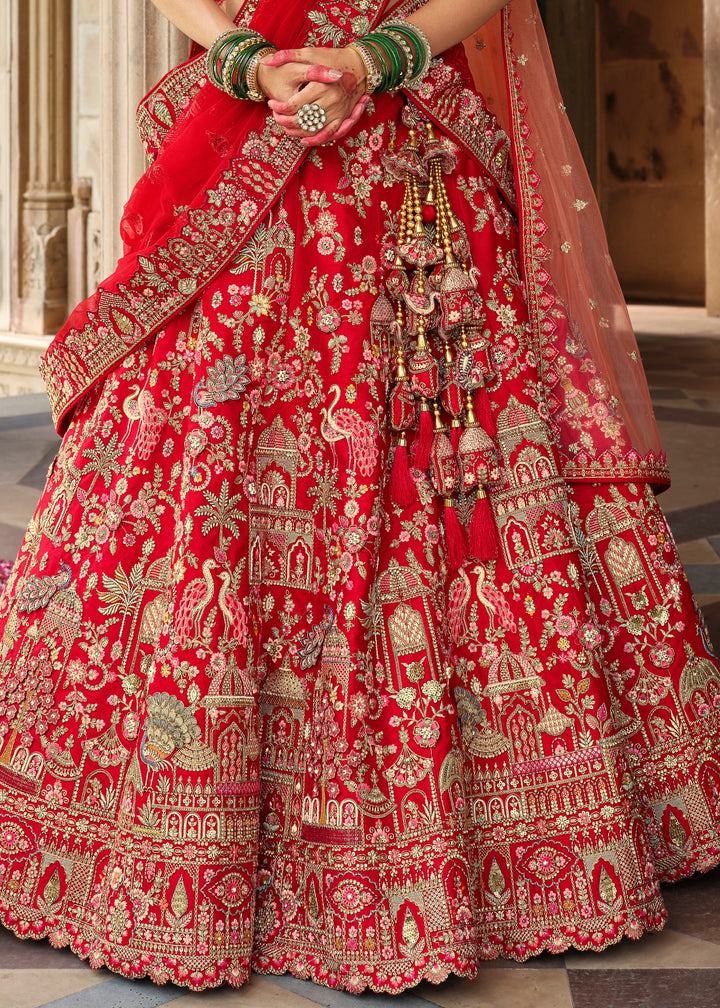 Bright Red Heavy Bridal Silk Lehenga With Khatli And Embroidery Work