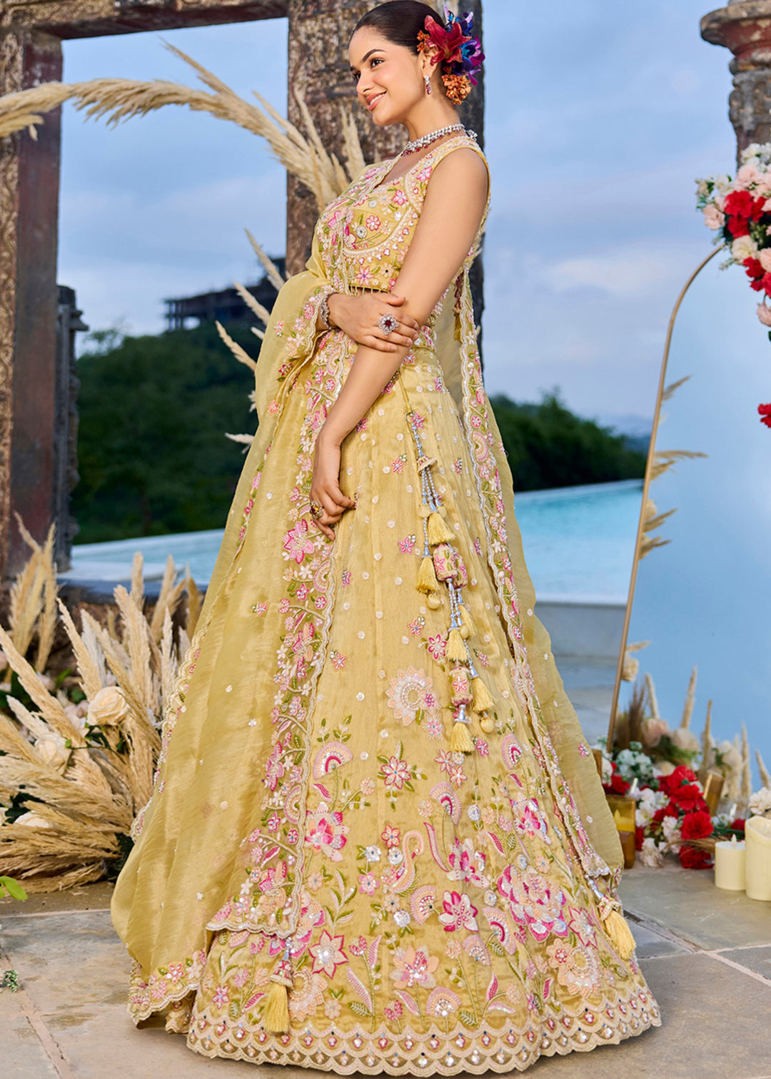 Yellow Organza Lehenga Choli with Beads & Sequince Embroidered